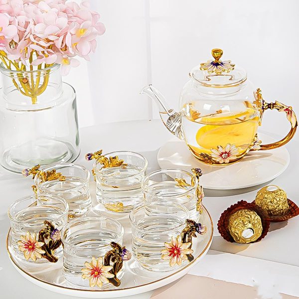 Glass Tea Set, 6 Fancy Cups, Tea Pot Glass, Tea Kettle Set, Tea Pot, Glass Teapot, Tea Set for Adults, Glass Tea Kettle, Glass Tea Cup, Pretty Tea Cup, Teapot, Fancy Tea Cup (Tea Sets-7pcs)