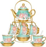 20 Pieces Porcelain Tea Set for Adults with Metal Holder Ceramic Tea Set Cup Saucer Gold Plated Ceramic Tea Set Vintage Flower Tea Party Set for Women, Serving 6 People (Modern)
