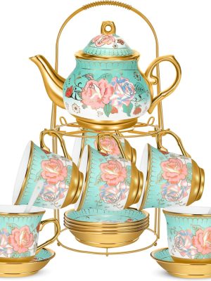 20 Pieces Porcelain Tea Set for Adults with Metal Holder  Ceramic Tea Set Cup Saucer Gold Plated Ceramic Tea Set Vintage Flower Tea Party Set for Women, Serving 6 People (Modern)