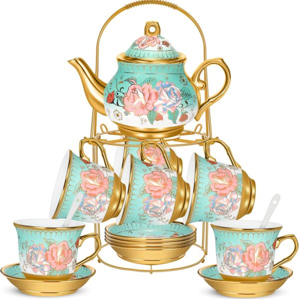 20 Pieces Porcelain Tea Set for Adults with Metal Holder Ceramic Tea Set Cup Saucer Gold Plated Ceramic Tea Set Vintage Flower Tea Party Set for Women, Serving 6 People (Modern)