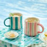 Striped ceramic coffee mug set, pink and green stackable ceramic mugs, perfect for morning coffee, tea and cocoa, 12 ounce capacity, dishwasher and microwave safe, home/office gift (2 pieces).