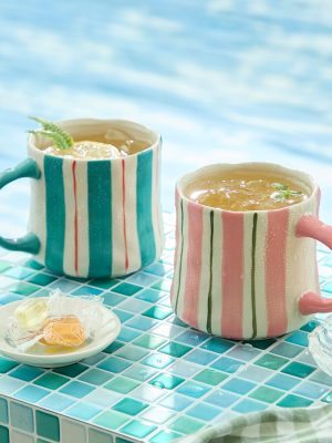 Striped ceramic coffee mug set, pink and green stackable ceramic mugs, perfect for morning coffee, tea and cocoa, 12 ounce capacity, dishwasher and microwave safe, home/office gift (2 pieces).