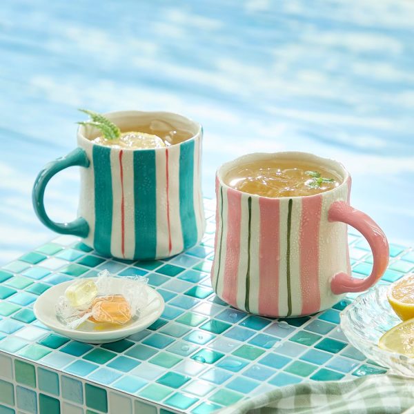 Striped ceramic coffee mug set, pink and green stackable ceramic mugs, perfect for morning coffee, tea and cocoa, 12 ounce capacity, dishwasher and microwave safe, home/office gift (2 pieces).