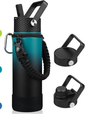 Insulated Water Bottle with Straw Lid, 22oz  Water Bottles with 3 Lids, Paracord Handle & Non-slip Boot, BPA Free Leak Proof Stainless Steel Tumblers,Army Green & Black