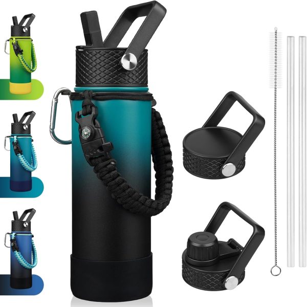 Insulated Water Bottle with Straw Lid, 22oz Water Bottles with 3 Lids, Paracord Handle & Non-slip Boot, BPA Free Leak Proof Stainless Steel Tumblers,Army Green & Black