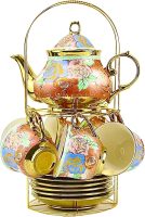 20 Pieces Porcelain Tea Set With Metal Holder, Ceramic tea set for adults,Flower Tea Set,Tea Set For Women With Flower Painting (Large version,Rose Red)