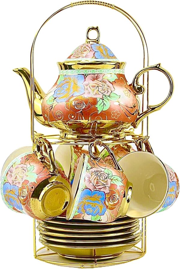 20 Pieces Porcelain Tea Set With Metal Holder, Ceramic tea set for adults,Flower Tea Set,Tea Set For Women With Flower Painting (Large version,Rose Red)