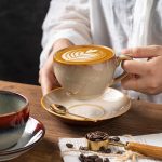 Ceramic Drinking Cup with Saucer and Spoon, Vintage Design
