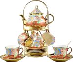 20 Pieces Porcelain Tea Set With Metal Holder, Ceramic tea set for adults,Flower Tea Set,Tea Set For Women With Flower Painting (Large version,Rose Red)
