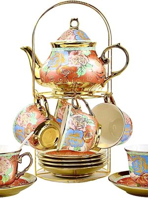 20 Pieces Porcelain Tea Set With Metal Holder,  Ceramic tea set for adults,Flower Tea Set,Tea Set For Women With Flower Painting (Large version,Rose Red)