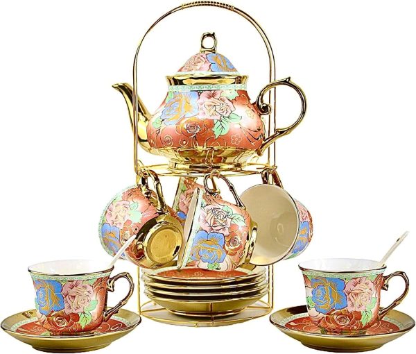 20 Pieces Porcelain Tea Set With Metal Holder, Ceramic tea set for adults,Flower Tea Set,Tea Set For Women With Flower Painting (Large version,Rose Red)