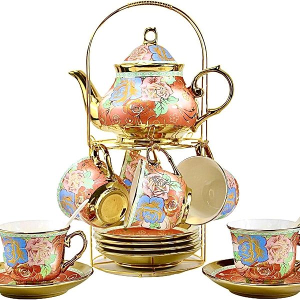 20 Pieces Porcelain Tea Set With Metal Holder, Ceramic tea set for adults,Flower Tea Set,Tea Set For Women With Flower Painting (Large version,Rose Red)