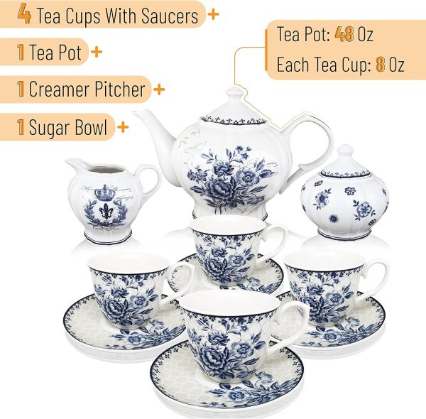 Blue Dream Tea Set, Tea cups (8oz), Tea Pot (48oz), Creamer and Sugar Set, Gift box,  Tea Service, Tea Cups and Saucer Set, Tea Set for Adults, Porcelain Tea Set, Mother's Day Gift