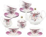 21 Piece Vintage Porcelain Tea Set, Pink Floral Coffee Cup Set for 6, Afternoon Tea Set for Women