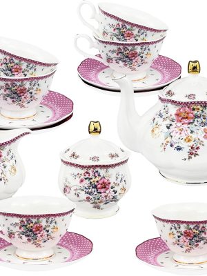 21 Piece Vintage Porcelain Tea Set, Pink Floral Coffee Cup Set for 6, Afternoon Tea Set for Women