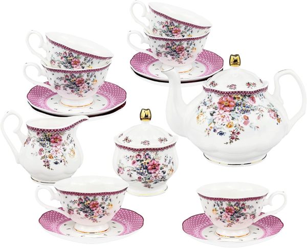 21 Piece Vintage Porcelain Tea Set, Pink Floral Coffee Cup Set for 6, Afternoon Tea Set for Women
