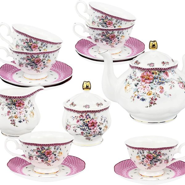 21 Piece Vintage Porcelain Tea Set, Pink Floral Coffee Cup Set for 6, Afternoon Tea Set for Women