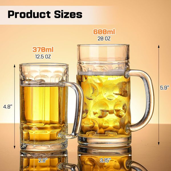 Beer Mugs for Freezer, 20oz Glass Beer Mug with Handle, Large Glass Beer Stein, Thick Frosty Mug for Beer Cup Mug for Water, Drinks, Lead-Free Beer Glasses Set of 4 for Men in Pub, Home