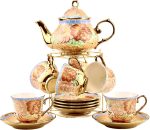 20 Pieces Porcelain Tea Set With Metal Holder,  Ceramic tea set for adults,Flower Tea Set,Tea Set For Women With Flower Painting (Large version, Deep yellow)