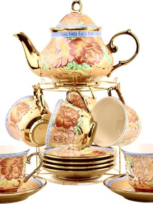 20 Pieces Porcelain Tea Set With Metal Holder,  Ceramic tea set for adults,Flower Tea Set,Tea Set For Women With Flower Painting (Large version, Deep yellow)