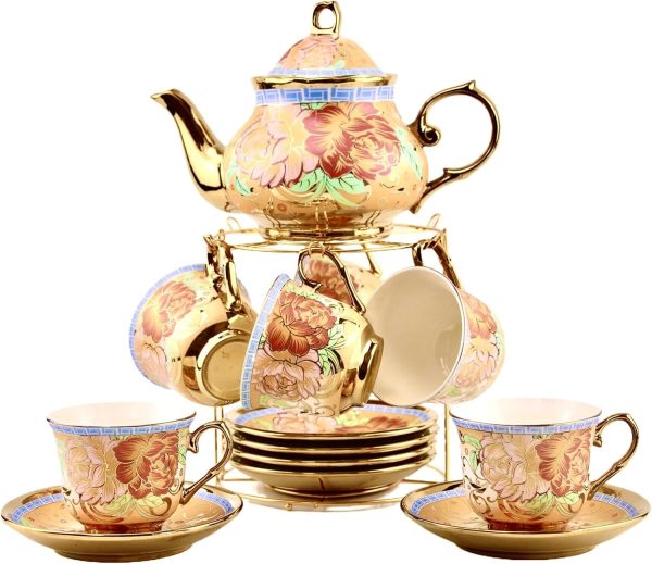 20 Pieces Porcelain Tea Set With Metal Holder,  Ceramic tea set for adults,Flower Tea Set,Tea Set For Women With Flower Painting (Large version, Deep yellow)