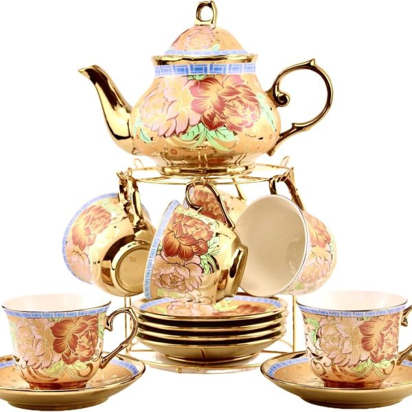 20 Pieces Porcelain Tea Set With Metal Holder, Ceramic tea set for adults,Flower Tea Set,Tea Set For Women With Flower Painting (Large version, Deep yellow)
