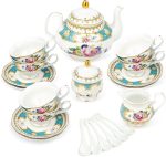 21 Piece Porcelain Tea Set, Teal Cups and Saucers Service for 6, Blue Tea Gift Set for Adults