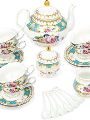 21 Piece  Porcelain Tea Set, Teal Cups and Saucers Service for 6, Blue Tea Gift Set for Adults