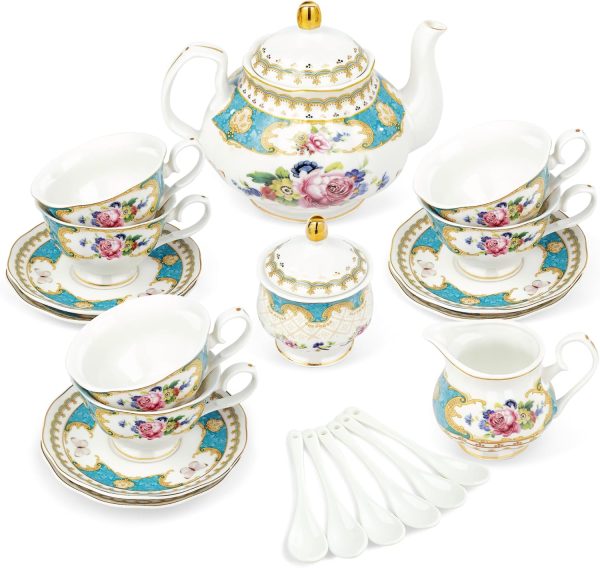 21 Piece Porcelain Tea Set, Teal Cups and Saucers Service for 6, Blue Tea Gift Set for Adults
