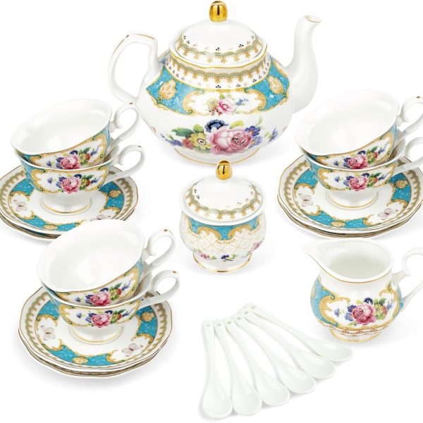 21 Piece Porcelain Tea Set, Teal Cups and Saucers Service for 6, Blue Tea Gift Set for Adults