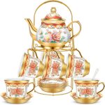 20 Pieces Porcelain Tea Set for Adults with Metal Holder Ceramic Tea Set Cup Saucer Gold Plated Ceramic Tea Set Vintage Flower Tea Party Set for Women, Serving 6 People (Classic)
