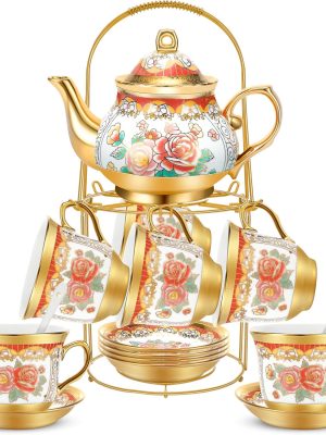 20 Pieces Porcelain Tea Set for Adults with Metal Holder  Ceramic Tea Set Cup Saucer Gold Plated Ceramic Tea Set Vintage Flower Tea Party Set for Women, Serving 6 People (Classic)