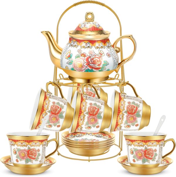 20 Pieces Porcelain Tea Set for Adults with Metal Holder Ceramic Tea Set Cup Saucer Gold Plated Ceramic Tea Set Vintage Flower Tea Party Set for Women, Serving 6 People (Classic)