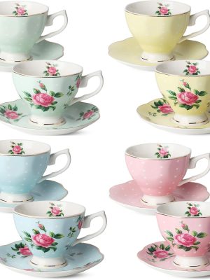 Floral Tea Cups and Saucers, Set of 8 (8 oz), Gold Trim and Gift Box, Coffee Cups, Floral Tea Cup Set, British Tea Cups, Porcelain Tea Set, Tea Sets for Women, Latte Cups, Mother's Day Gift