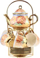 20 Pieces Porcelain Tea Set With Metal Holder,  Ceramic tea set for adults,Flower Tea Set,Tea Set For Women With Flower Painting (Large version, Deep yellow)
