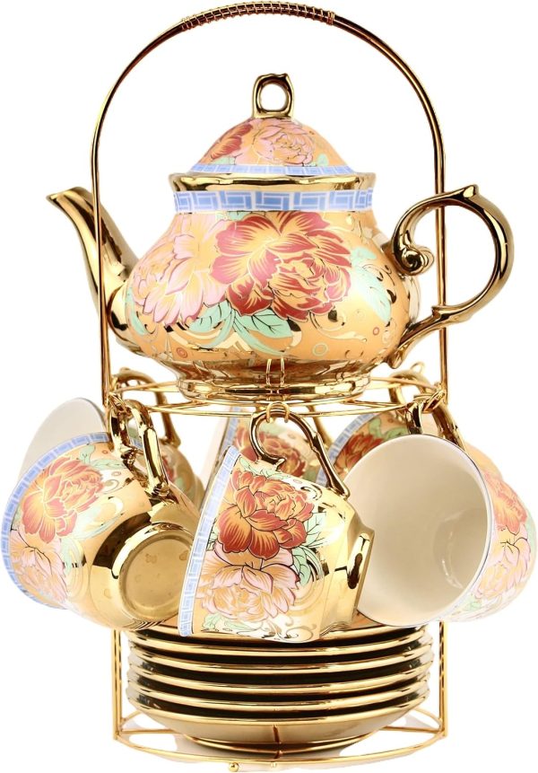 20 Pieces Porcelain Tea Set With Metal Holder,  Ceramic tea set for adults,Flower Tea Set,Tea Set For Women With Flower Painting (Large version, Deep yellow)