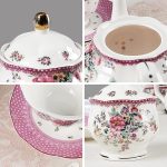 21 Piece Vintage Porcelain Tea Set, Pink Floral Coffee Cup Set for 6, Afternoon Tea Set for Women