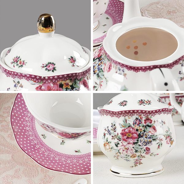 21 Piece Vintage Porcelain Tea Set, Pink Floral Coffee Cup Set for 6, Afternoon Tea Set for Women