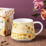 12 oz Ceramic Coffee Mug, Porcelain Tea Mug with Handle, Microwave and Dishwasher Safe, Large Latte Mug, Perfect for Office Work, Sunflower Pattern