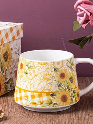 12 oz Ceramic Coffee Mug, Porcelain Tea Mug with Handle, Microwave and Dishwasher Safe, Large Latte Mug, Perfect for Office Work, Sunflower Pattern