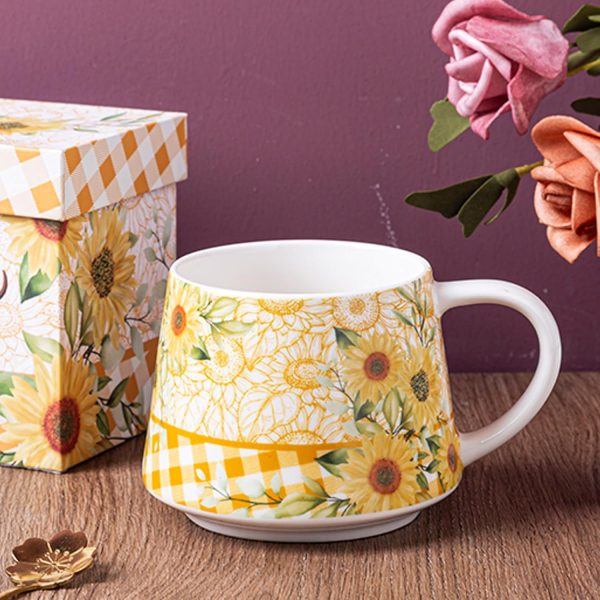 12 oz Ceramic Coffee Mug, Porcelain Tea Mug with Handle, Microwave and Dishwasher Safe, Large Latte Mug, Perfect for Office Work, Sunflower Pattern