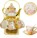 20 Pieces Ceramic Tea Set for Adults With Metal Holder and Flower Painting (Large Cream Version)