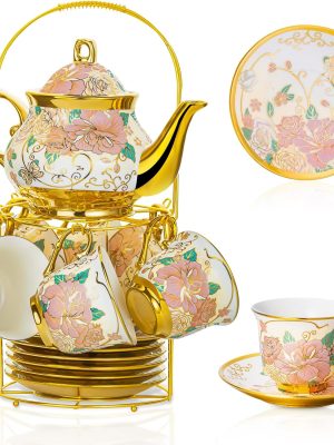 20 Pieces  Ceramic Tea Set for Adults With Metal Holder and Flower Painting (Large Cream Version)