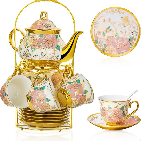 20 Pieces Ceramic Tea Set for Adults With Metal Holder and Flower Painting (Large Cream Version)