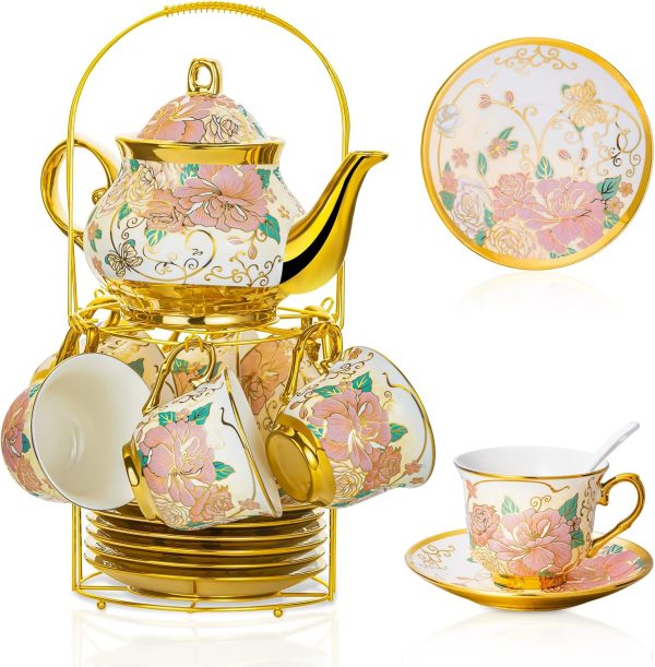 20 Pieces Ceramic Tea Set for Adults With Metal Holder and Flower Painting (Large Cream Version)