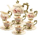 15 Pieces British Porcelain Tea Set, Floral Vintage China Coffee Set, Wedding Tea Service for Adult, Big Tea Cup
