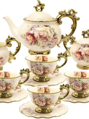 15 Pieces British Porcelain Tea Set, Floral Vintage China Coffee Set, Wedding Tea Service for Adult, Big Tea Cup