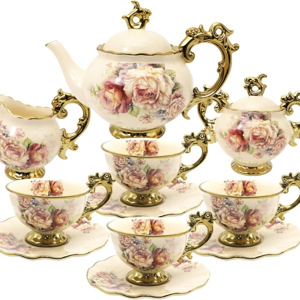 15 Pieces British Porcelain Tea Set, Floral Vintage China Coffee Set, Wedding Tea Service for Adult, Big Tea Cup