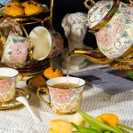 20 Pieces Ceramic Tea Set for Adults With Metal Holder and Flower Painting (Large Cream Version)