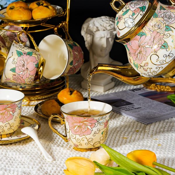 20 Pieces Ceramic Tea Set for Adults With Metal Holder and Flower Painting (Large Cream Version)